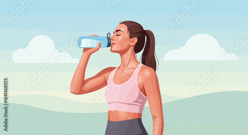 A fit woman in sportswear drinks water from a bottle outdoors on a sunny day with a blue sky and rolling hills.
