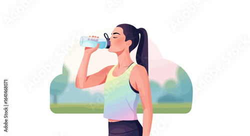 A woman in athletic wear drinks water from a reusable bottle against a blurred outdoor background.