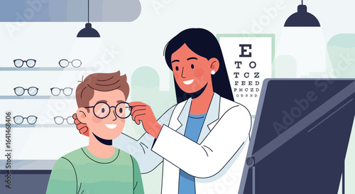 Smiling optometrist fitting eyeglasses on a happy child in a modern eye care clinic.