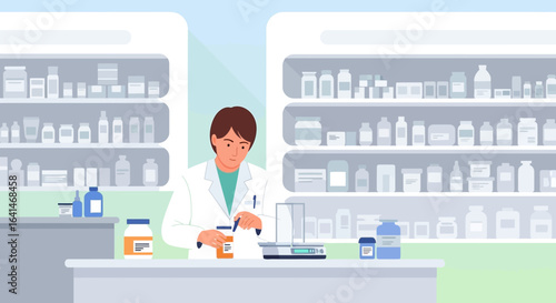 Pharmacist meticulously measures medication in a well-stocked pharmacy.