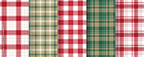 Plaid red green background. Christmas seamless pattern. Set tartan fabric prints. Vichy check textile. Checkered gingham cloth. Flannel shirt textures. Lumberjack tablecloth. Vector illustration