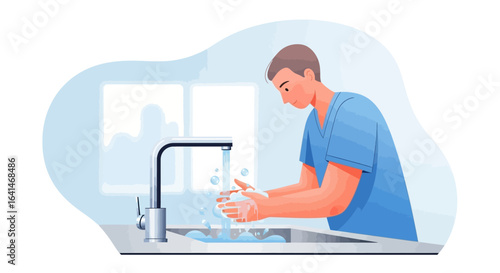 Male nurse or doctor in blue scrubs carefully washing hands in a sink to maintain hygiene and prevent germs.