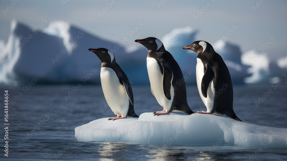 Obraz premium Three penguins standing on an iceberg in the ocean with icebergs in the background.