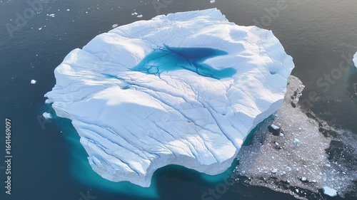 A tall melting iceberg in the Arctic Ocean. A glacier with a lake and waterfall. Clear ice floats in turquoise water. Ecology, melting ice, climate change, global warming. Aerial view. Midnight sun.