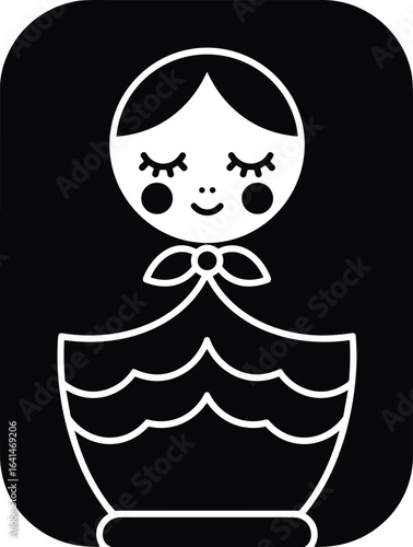 Cute Matryoshka doll illustration, traditional nesting doll design, Russian folk art icon, black vector graphic, minimal doll artwork, cultural symbol, decorative toy silhouette
