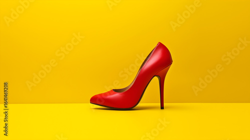 A red high-heeled shoe on a yellow background