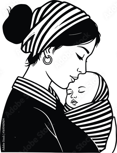 Loving mother holding baby, maternal care illustration, mother and child embrace, black vector drawing, emotional family moment, motherhood symbol, parenting love, babywearing art