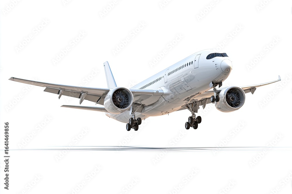 Obraz premium Modern jetliner in descent against white background