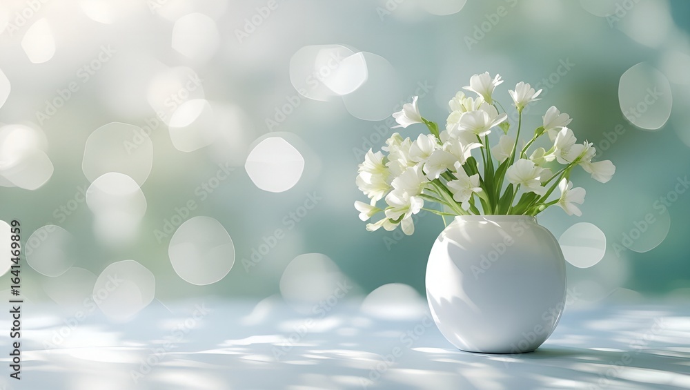Fototapeta premium Delicate white flowers in a vase with soft bokeh background and dappled light