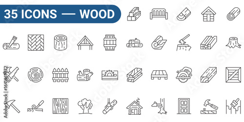 Thirty five icons of wood and carpentry with outline style, for design projects, woodworking websites, construction logos. Ideal for digital and print projects. editable stroke. vector illustration.