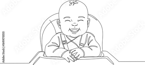 Happy baby sitting in a high chair, laughing joyfully, adorable infant wearing bib, cute child mealtime moment, baby eating clipart, vector illustration