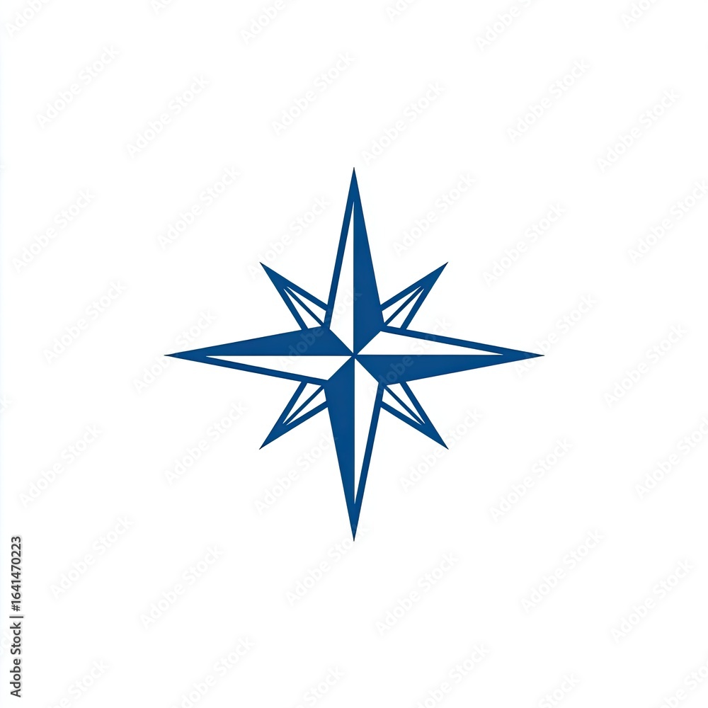 Obraz premium A stylized, navy-blue compass rose on a white background. It features a detailed, pointed design with radiating lines