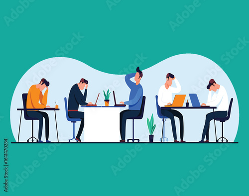 Group of tired and frustrated business people experiencing professional burnout. Vector concept of workplace stress and deadlines.