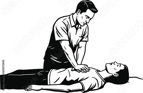 Man performing CPR on unconscious person, emergency first aid training, life-saving procedure, cardiopulmonary resuscitation illustration, medical emergency response, healthcare, vector drawing