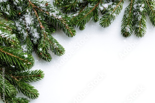 Fresh evergreen branches, covered in snow, arranged in a corner border on a white background