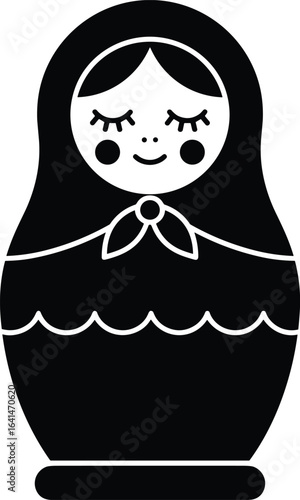 Traditional Russian Matryoshka doll, cute nesting doll icon, black vector illustration, folk art toy, cultural heritage symbol, decorative souvenir design, isolated graphic