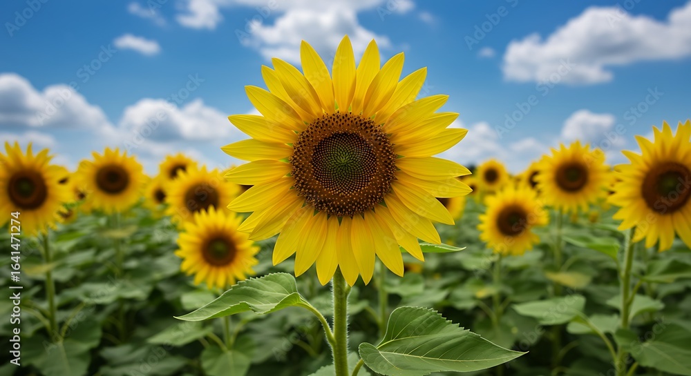 Vibrant Sunflowers in a Summer Field Under a Cloudy Sky Vibrant Sunflowers in a Summer Field Under a Cloudy Sky