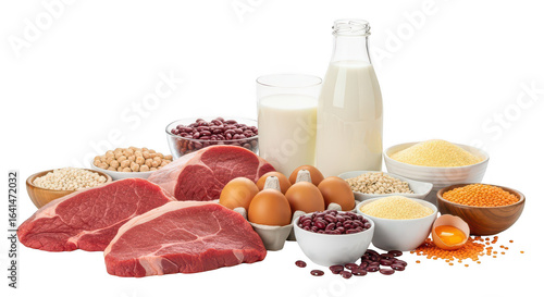 Assortment of protein rich foods isolated on white background