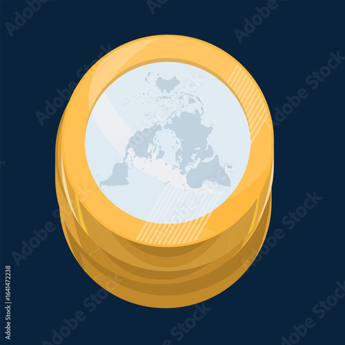 Economia global, moeda dourada com mapa mundi