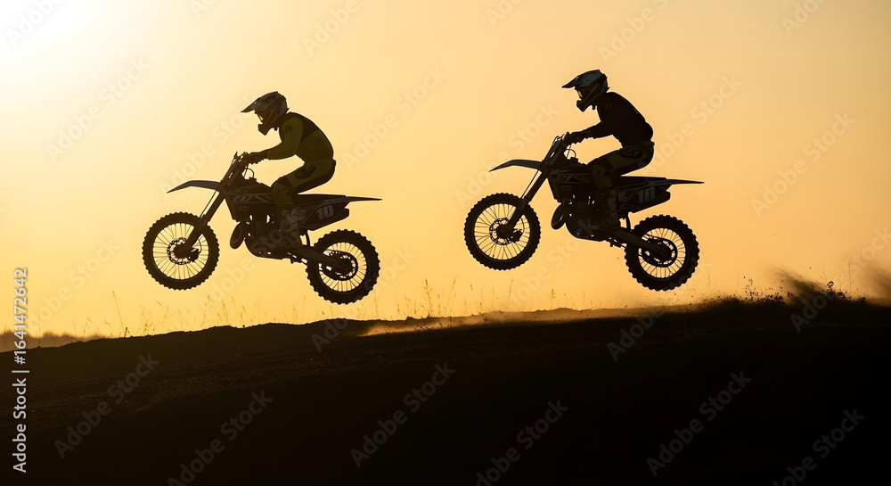 Fototapeta premium Two silhouetted dirt bike riders mid-air against a golden sunrise or sunset sky. 