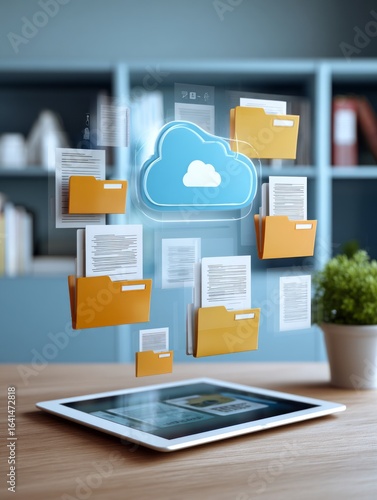 Digital and paper document folders organized on office desk with tablet display. Tablet on a desk with scanned documents displayed. Study Space for Online Learning, digital organization