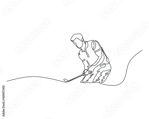 Continuous line drawing of a golfer squatting to aim. Precision and focus in minimalist sport design.