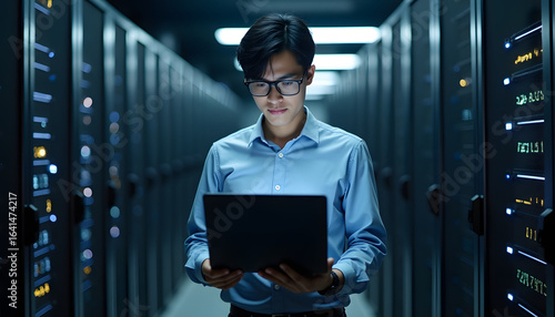 A man works in a data center, managing server hardware using a laptop.