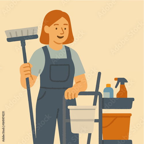 Illustration cleaning lady with cart vector minimalism Vector illustration minimalism