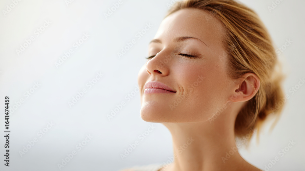 closeup of woman face with her eyes closed experiencing moment of tranquility and mindfulness closeup of woman face with her eyes closed experiencing moment of tranquility and mindfulness