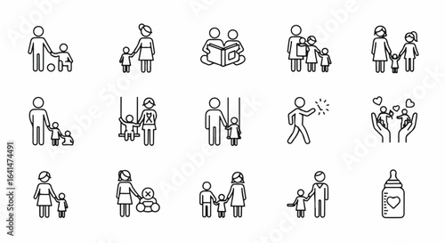 Collection of Line Art Family Icons: Parents, Children, Activities, and Bonds