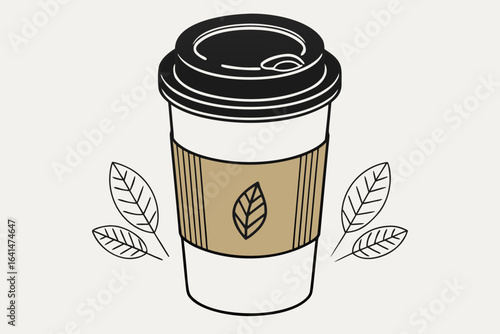 Minimalist vector illustration of disposable coffee cup with black lid, brown cardboard sleeve, clean modern design, isolated on white background


