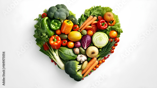 A colorful arrangement of vegetables forming a heart shape on a white background.