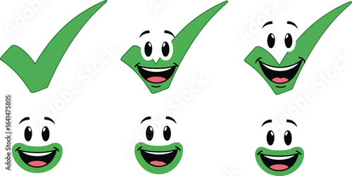 Green checkmark cartoon faces illustration