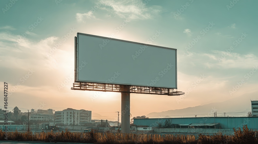 Obraz premium Blank Billboard Against Sky Ready for Advertising Campaign in Cityscape Backdrop at Golden Hour