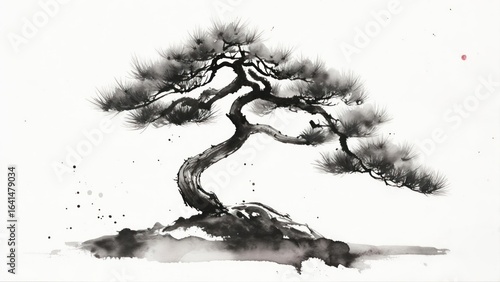 Elegant Sumi-e Ink Wash Painting of a Bonsai Pine Tree. Traditional Japanese Calligraphy Style Art on White Background.