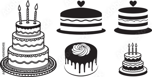 A collection of elegant cake silhouettes including layered, single, and drizzled cake designs with candles and decorative elements for celebrations.