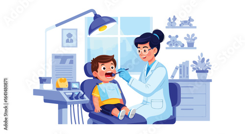 Adobe illustrator vector flat style illustration of a female dentist examining a young kid's teeth, promoting kids' dental health, check-ups, and a positive clinic experience