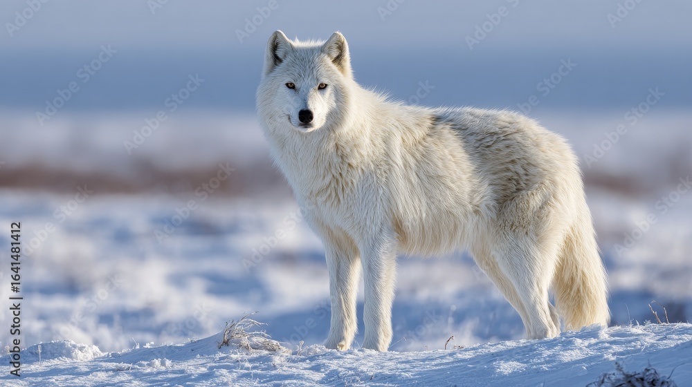 Naklejka premium An Arctic wolf stands against a snowy landscape its white fur contrasting the soft hues of the background