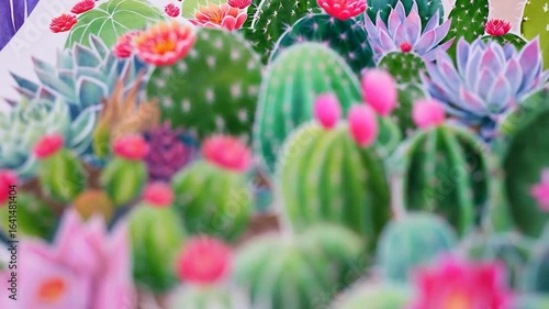 Vibrant Watercolor Cactus Garden: A Close-Up View of Blooming Desert Plants