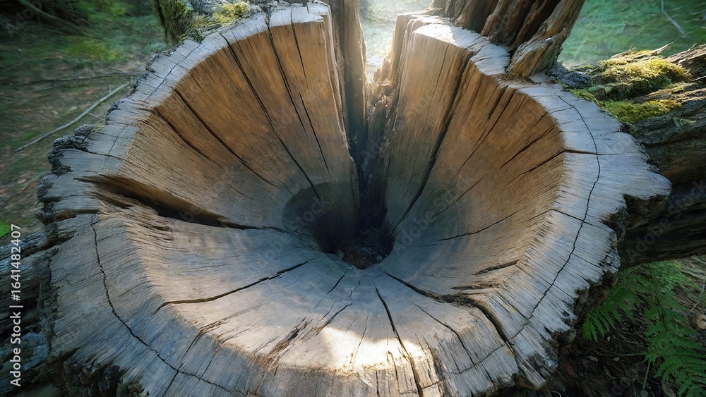 Obraz premium Sunlit hollowed tree stump with weathered wood texture