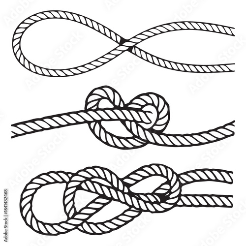 Illustration of three different types of rope knots, including a figure eight, bend, and bowline isolated on white background
