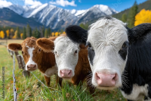 Cows in a green pasture with mountains in the background. Brown and black cows, white cows, and one cow standing out from the others