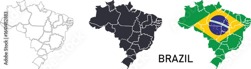 Brazil map vector set showing outline, solid silhouette, and national flag design with states division, perfect for educational, geographic, political, and travel-related projects.