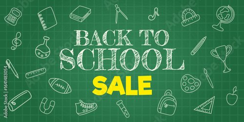 Back to school sale banner with chalkboard grid background, hand drawn doodle school supplies. Design concept for discount offer, educational promotional and advertising