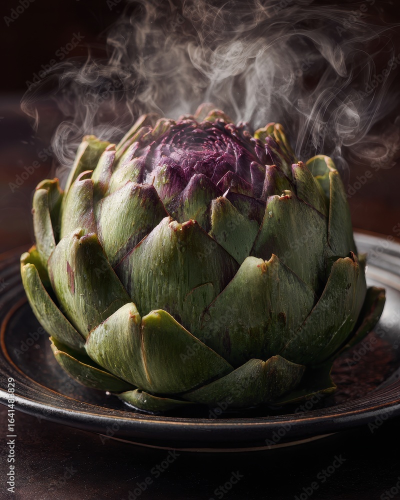 Obraz premium Steaming Artichoke on Plate; Dark Backdrop, Possible Cookbook Use