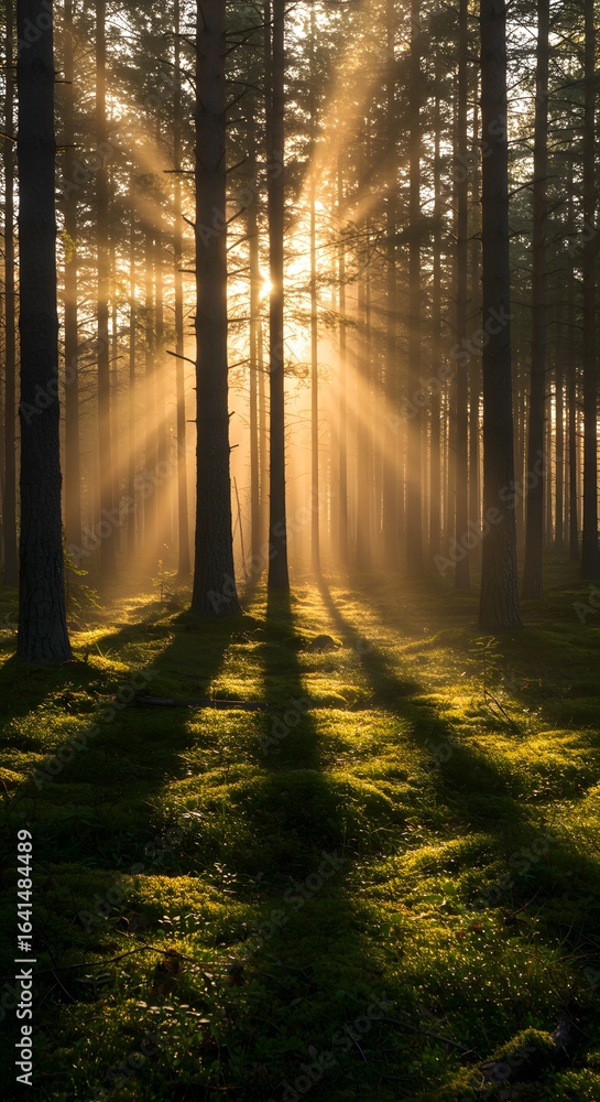 Obraz premium Sunlight streams through tall trees in a dense forest, casting long shadows across the mossy ground.