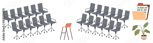 A single red chair contrasts with uniform gray chairs, evoking leadership or individuality. Includes file folder and potted plant. Ideal for leadership, teamwork, inclusion, diversity, choice