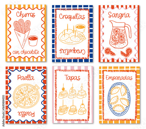 SET OF MEDITERANEAN, SPANISH FOOD POSTERS STYLE DOLCE VITA - VECTOR ILLUSTRATION OF SPANISH DISHES (CHURROS CON CHOCOLATE, PAELLA, TAPAS, CROQUETAS, SANGRIA, EMPANADAS)