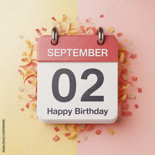 Festive Calendar Page Displaying September 2nd with Happy Birthday Text and Confetti Symbolizing Special Occasions and Celebratory Events