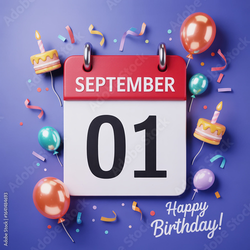 Festive September 1st Calendar Page with Balloons and Cakes A Joyful Reminder of Birthdays and Special Occasions in a Cheerful Setting